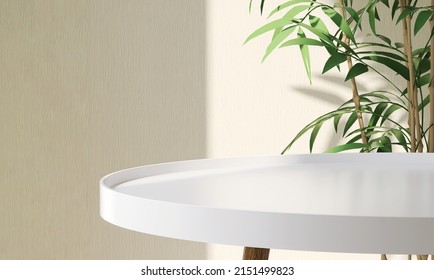 Realistic 3D Render, Empty White Round Table For Beauty And Health Products Overlay Display With Green Bamboo, Sunlight, Foliage Leaves Shadow In Background, Beige Wall. Template, Backdrop, Healthy.