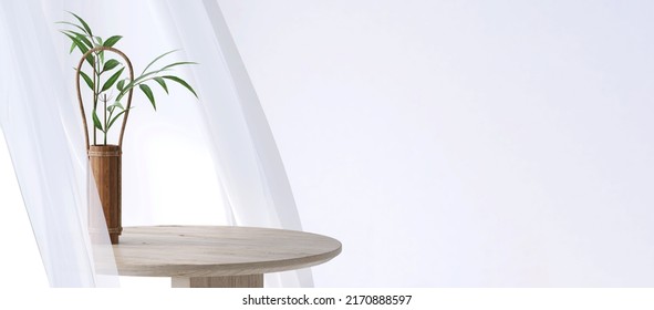 Realistic 3D render, fine wooden round table with green bamboo leaf in natural bamboo vase. Empty space for beauty and health products overlay display. White curtain in background. Healthy, Balance.