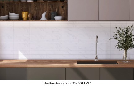 Realistic 3D Render Front View Of Blank Empty Wooden Kitchen Countertop With Washing Sink And Faucet, White Marble Wall Tiles In Background, Grey Theme Storage Cabinet Set, Decoration Houseplants. 