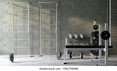 Realistic 3D Render Image Of Modern Fitness Equipments, Weight Lifting, Bodybuilding, Pull Up Bar In An Empty Gym Room With Morning Sunlight Shine On A Concrete Wall. Fitness, Background,   Copy Space