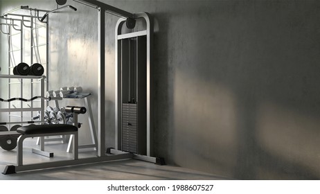 Realistic 3D render image of modern fitness equipments, Weight lifting, Bodybuilding, Pull up bar in an empty gym room with morning sunlight shine on a concrete wall. Fitness, Background,   Copy space