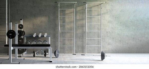 Realistic 3D Render Image Of Modern Fitness Equipments, Weight Lifting, Bodybuilding, Pull Up Bar In An Empty Gym Room With Morning Sunlight Shine On A Concrete Wall. Fitness, Background,   Copy Space