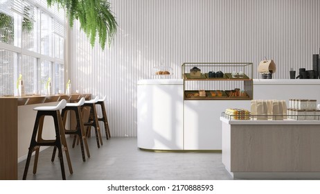 Realistic 3D render interior design of a bistro cafe with white counter, bakery display, long wooden counter with high chairs by the window. Morning Sunlight, Hanging plants, Coffee shop, Background.