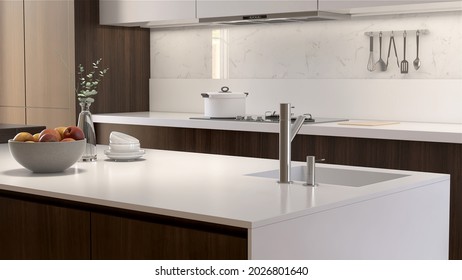 Realistic 3D Render Interior Of A Modern Style Kitchen With White Cabinet, Gas Stoves Washing Sink On White Island Counter Which Connect To Dining Table. Products Display Overlay, Background, Mock Up.