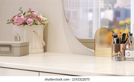 Realistic 3D render for Kbeauty products display backdrop, blank empty space on ivory beige elegance dressing table with round mirror, beautiful pink roses in luxury bucket bouquet, Jewelry box. - Powered by Shutterstock