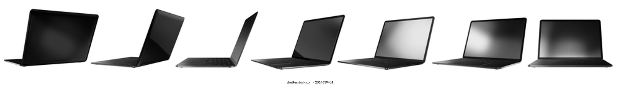 Realistic 3D render of laptop in multiple angle. Black portable computer on isolated white background with clipping path. Many angles of notebook computer for graphic source.