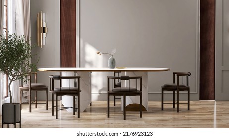 Realistic 3D Render Luxury Oriental Style Family Dining Room With Classic Chinese Wooden Chairs And White Modern Marble Table. Blank Space On Premium Wall Decoration, Shiny Parquet Floor, Sunlight.