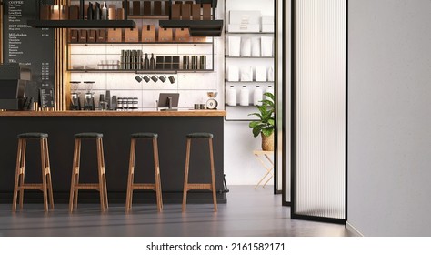 Realistic 3D render modern black coffee shop with wooden countertop, high chairs. Folding door, granite wall. Background, Copy space, Cafe, Bistro, Nobody, Small business, Floor, Opening, Beverages. - Powered by Shutterstock