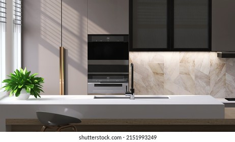 Realistic 3D Render, Modern Kitchen Cabinet Set With Blank Empty White Marble Island For Household Product Overlay Mock Up. Background, Window, Sunlight, Countertop, Apartment, Home, Space, Houseplant