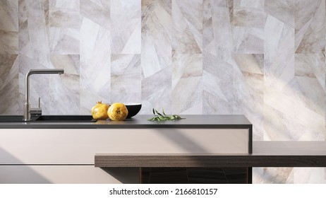 Realistic 3D render, modern kitchen island with washing sink and faucet, empty space on countertop for household products display. Marble wall tiles in background, Morning sunlight, Cooking, Dining.