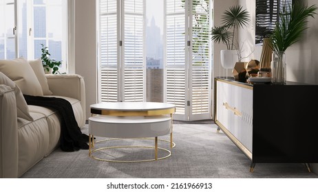 Realistic 3D Render Modern Luxury Living Room In City Apartment With White Elegant Bifold Door To Balcony, Media Unit, Sideboard TV, Sofa, Coffee Table, Carpet Floor, Skyscraper View, Space, Home.