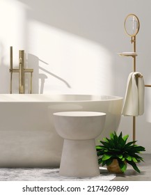 Realistic 3D render modern luxury off white beige ceramic bathtub with faucet and golden towel hanger. Empty marble side table, Products display, Tropical decor plants, Morning sunlight on blank wall.