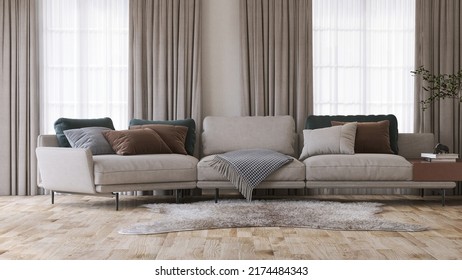 Realistic 3D Render A Modern Luxury Sofa Couch In Beige Tone With Cushions In Living Room. Wooden Parquet Floor, Elegant Area Rug, Floor To Ceiling Window With Sheer And Blackout Curtains. Background.