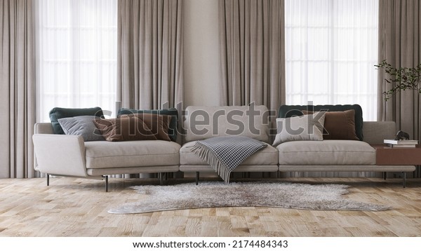 Realistic 3D render a modern luxury sofa\
couch in beige tone with cushions in living room. Wooden parquet\
floor, elegant area rug, Floor to Ceiling window with sheer and\
blackout curtains.\
Background.