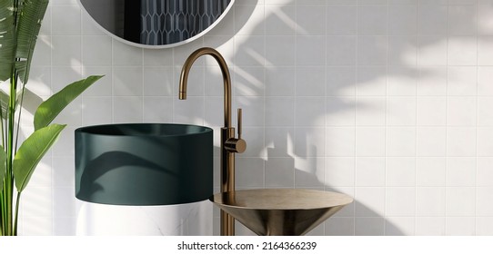 Realistic 3D Render Modern Stylish Stand Alone Teal Green Ceramic Wash Basin With White Marble Based, Stainless Steel Brass Faucet, Blank Empty Golden Designed Size Table For Product Display. Space.