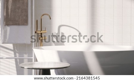 Realistic 3D render modern white ceramic bathtub with stylish golden faucet set and clean towels hanging on the racks, blank space on wall tiles in background, Morning sunlight, Backdrop, Templates.