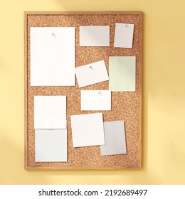 Realistic 3D render old fashioned wooden frame message cork board with pinned blank empty paper note cards or photos hanging on bright yellow wall with morning sunlight. Quotes, Memo, Bulletin Message - Powered by Shutterstock