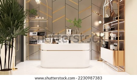 Realistic 3D render perspective elegant and stylish beauty salon shop interior, glamour rose gold products display shelves and counter, green decor plants, luxury geometric graphic wall in background.