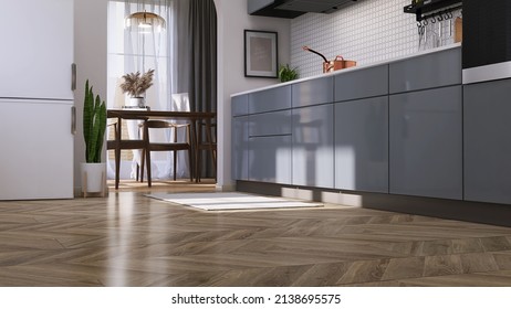 Realistic 3d Render Perspective Low Angle Shot Of Modern Kitchen In Studio Apartment With Arch Opening Wall And Dinning Table In Background. Flooring, Parguet, Cleaning Products Overlay, Display.