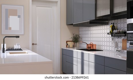 Realistic 3D Render Perspective Of Tiny Modern Kitchen, White Granite Countertop With Gray Cabinet Set, Electric Stove, Hood, Sink. Blank Empty Space For Product Overlay, Mock Up, Background, Sunlight