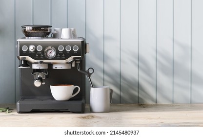 Realistic 3D render, professional like black coffee making machine on beautiful wooden table, pastel blue wall panel in background with morning sunlight, leaves shadow. Food and drink products overlay - Powered by Shutterstock