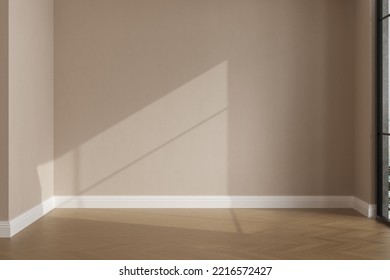 Realistic 3D Render Of Room, Beautiful Sunlight And Window Frame Shadow On Beige Blank Wall, White Skirting Board In An Empty Room. New Wooden Parquet Floor. Background, Interior. Front View.