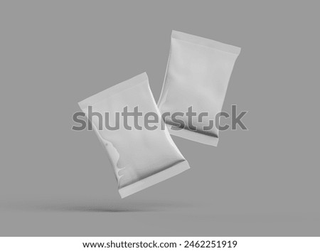 Realistic 3D render of small package for food snack, chips, cookies, peanuts, candy on light background