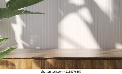 Realistic 3D Render Of Spa Like Mock Up Background For Products Display Overlay, Shiny New Wooden Countertop With Tropical Plants And Beautiful Morning Sunlight, Leaves Shadow. Blank Space, Template.