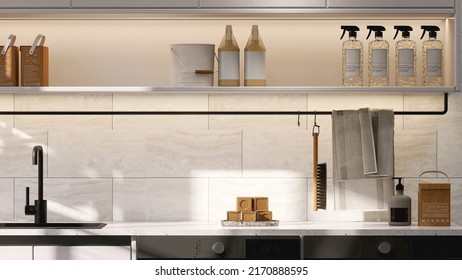 Realistic 3D Render Stylish Storage Unit In Laundry Room With Neatly Organized Washing Liquid Detergents, Washing Sink, Washing Machine Under The Counter. Empty Space For Cleaning Products Display.
