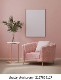 Realistic 3D Render Of A Sweet Pink Armchair Sofa With Cushion Next To A Luxury Rose Gold Side Table With Plants And A Blank Photo Frame On Pastel Pink Wall. Interior Design, Poster, Arts, Mockup.