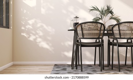 Realistic 3D render tropical contemporary dining table set in warm beige room with morning sunlight and foliage leaves shadow on the wall. Empty space for household product display, Background, Home.