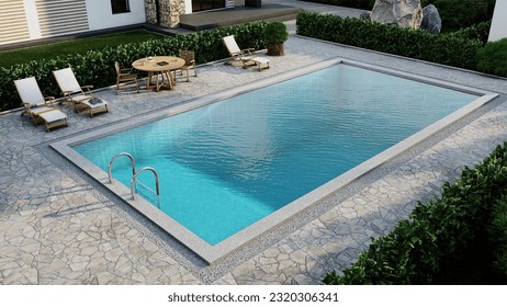 Realistic 3d render visualisation of cottage back yard luxury swiming pool real estate archviz
