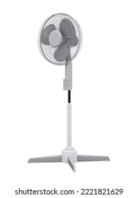 A realistic 3D render of a white electric pedestal fan. Isolated on a white background, this modern household appliance is perfect for e-commerce, product catalogs, or summer heatwave concepts.