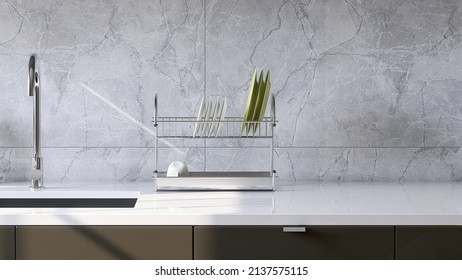 Realistic 3D render of white modern granite counter top inthe kitchen with washing sink, faucet with stainless steel dish drainer. Marble wall, Morning sunlight, Chores, Cleaning products overlay.