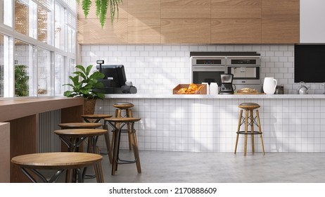 Realistic 3D Render White Modern Lunch Room With Wooden Long Counter And High Chairs By The Window, Morning Sunlight, Cafeteria, Shared Kitchen, Food And Beverages Background, Space, Empty, School.