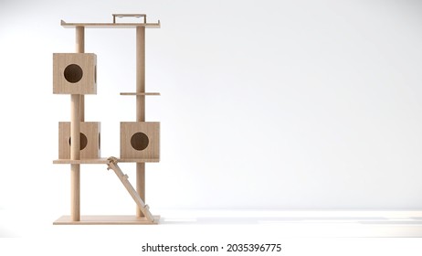 Realistic 3d Render Of A Wooden Cat Trees, Condo Or Tower For Cats To Climb And Hiding In Empty White Room For Overlay On Pets Care Product Advertising. Space, Food, Veterinarian, Background, Mockup. 