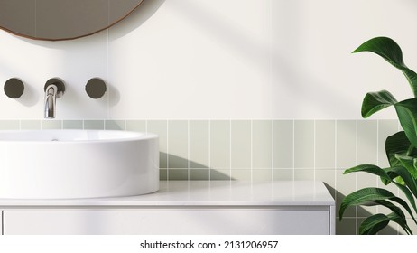 Realistic 3D rendering background, a modern white vanity unit in the bathroom with mirror and round ceramic wash basin on marble countertop. Morning Sunlight, Products display background, Mock up.