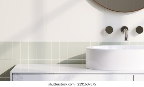 Fondo de renderización 3D realista, lavabo blanco moderno en el cuarto de baño con espejo y lavabo redondo de cerámica en la encimera de mármol. Luz solar matutina, los productos muestran el fondo, Maquillaje.