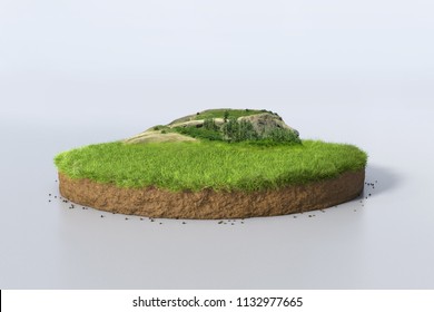 Realistic 3D rendering circle cutaway terrain floor with rock isolated, 3D Illustration round soil ground cross section with earth land, green grass and mountain