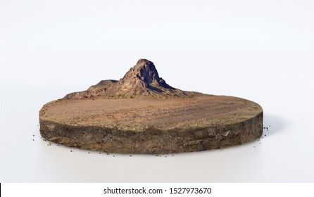 Realistic 3D rendering circle cutaway terrain floor with mountain, 3D Illustration round soil ground cross section with earth land