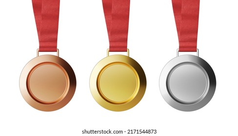 Realistic 3d Rendering First Place Champion Winner Prize Achievement Pendant Award Circle Shape Gold Silver Bronze Medal With Necklace Strap Ribbon Mockup Front View Isolated