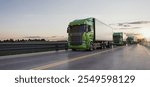 A realistic 3D rendering illustration featuring a convoy of green semi-trucks driving on a highway at sunrise, symbolizing logistics and efficient transportation.