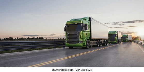 A realistic 3D rendering illustration featuring a convoy of green semi-trucks driving on a highway at sunrise, symbolizing logistics and efficient transportation.