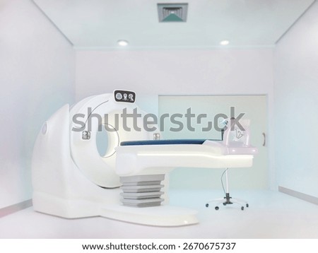 Realistic 3D rendering of a modern CT scan machine in a clean medical room, perfect for healthcare design, medical technology, and hospital presentation visuals.