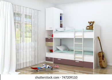 Realistic 3D rendering. Modern kids bedroom furniture design. Bunk bed with decorations. The guitar is by the bed. Skate on the floor. There is also window with curtains with beautiful view. Project.