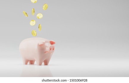 Realistic 3d Rendering Pink Ceramics Piggy Bank And Floating Coins Isolated On White Background. Design Template Of Money Pig For Graphics, Banners. Money, Financial, Savings,