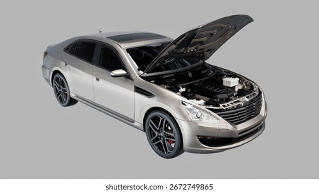 Realistic 3D rendering of a silver car with hood open displaying engine system, isolated on gray background for automotive design and transport concept