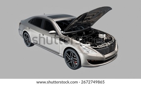 Realistic 3D rendering of a silver car with hood open displaying engine system, isolated on gray background for automotive design and transport concept
