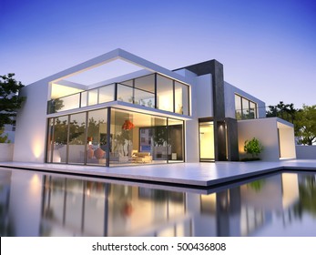 Realistische 3D-Darstellung eines sehr modernen, gehobenen Hauses mit Pool 
