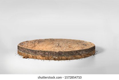 Realistic 3D round cutaway terrain floor with rock isolated, 3D rendering circle soil ground cross section with earth land on white background